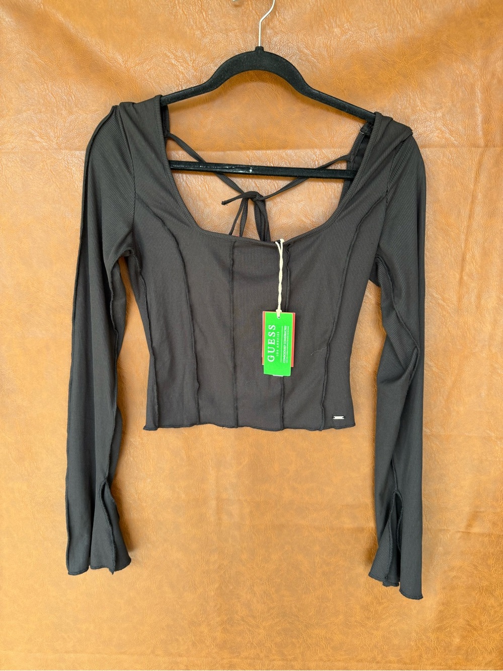 GUESS Womens M Black Ribbed Corset Top Bell Sleeve Tie Back Y2K NWT